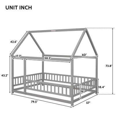 Full Size Floor Wooden Bed With House Roof Frame, Fence Guardrails - Gray