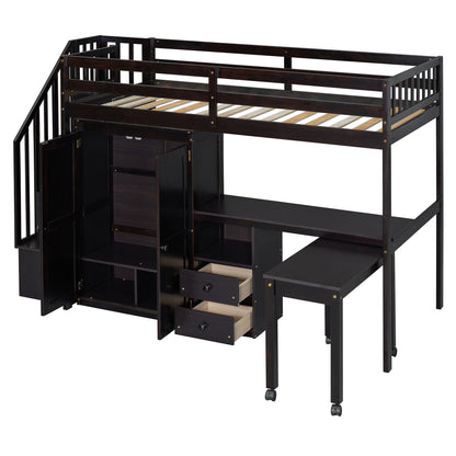 Twin Size Loft Bed With Stairs, Bookshelf, Drawers, Desk & Wardrobe, Space Saving Multifunctional Furniture - Espresso