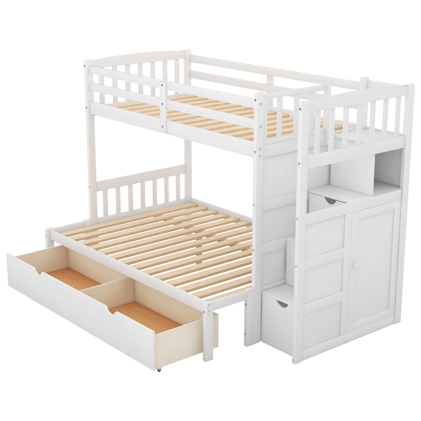 Twin Over Full / Twin Bunk Bed, Convertible Bottom Bed, Storage Shelves And Drawers - White