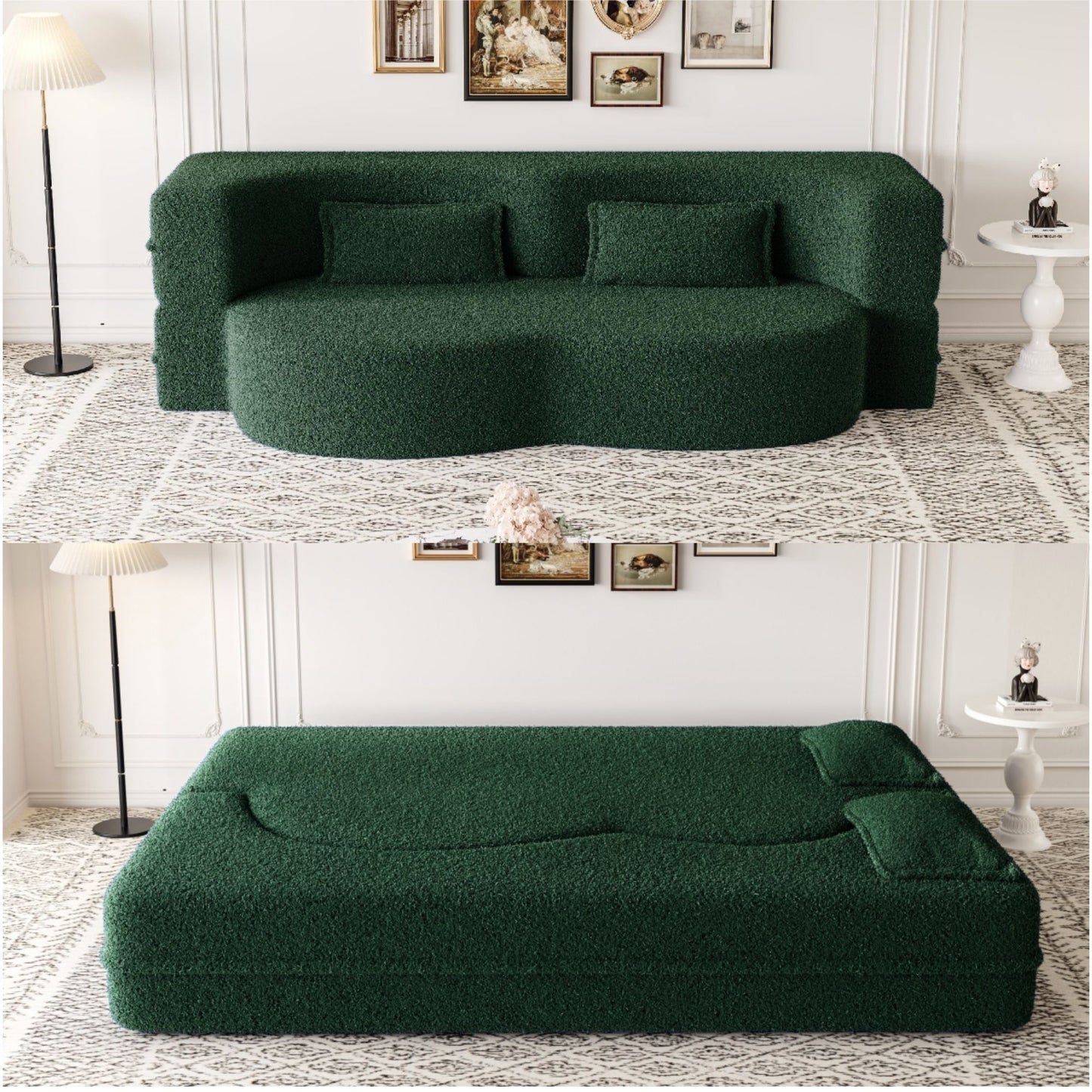 Modern Floor Sofa With 2 Pillows, Convertible Teddy Fabric Foam Filled Sleeper Sofa Bed, Full Size Folding Mattress For Living Room Guest Bed, Playroom, No Assembly Required - Green