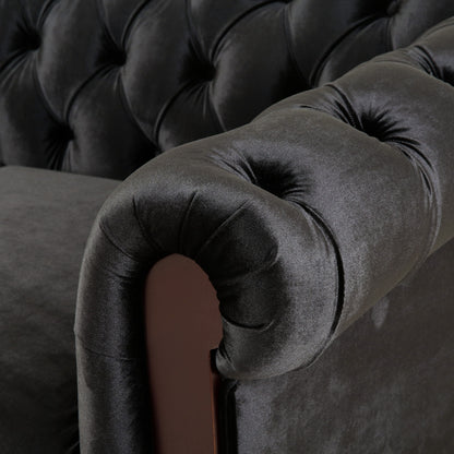 Chesterfield Velvet Loveseat Sofa, 2 Person Rolled Arm Upholstered Couch - Black