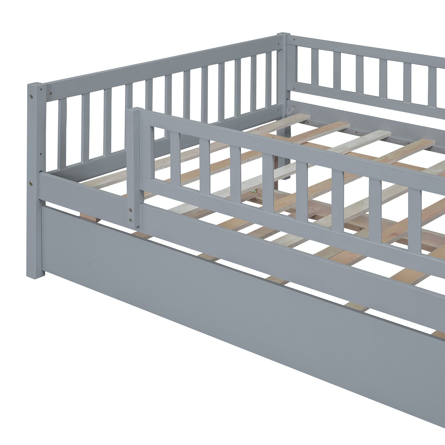 Full Size Daybed With Trundle And Fence Guardrails - Gray