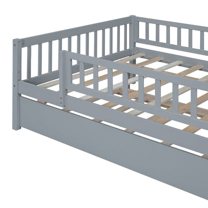 Full Size Daybed With Trundle And Fence Guardrails - Gray