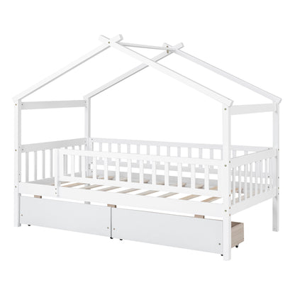 Twin Size House Bed With 2 Drawers - White