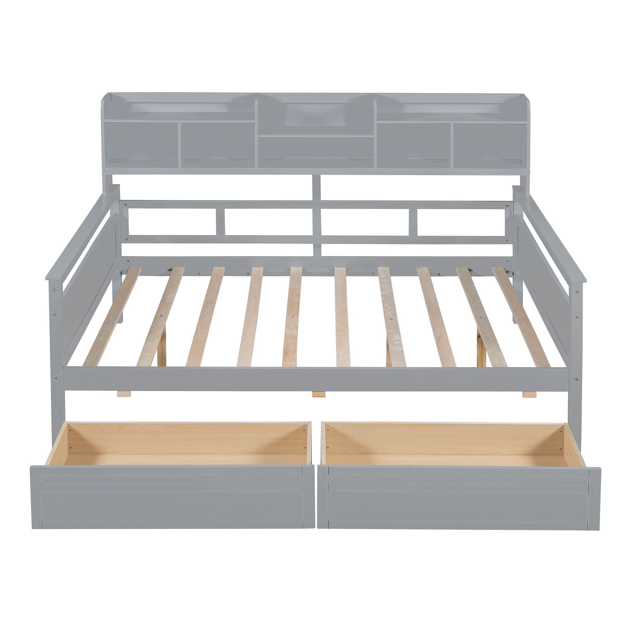 Full Size Daybed, Slat Support, With Bedside Shelf And 2 Drawers - Gray