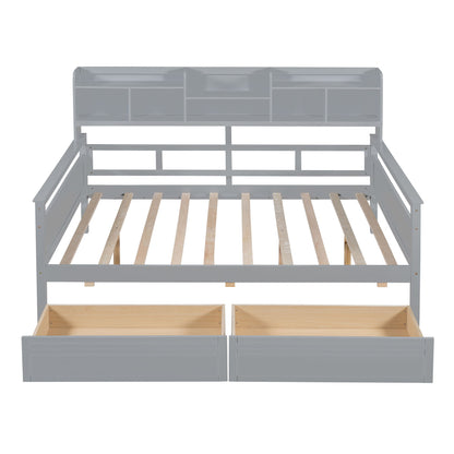 Full Size Daybed, Slat Support, With Bedside Shelf And 2 Drawers - Gray