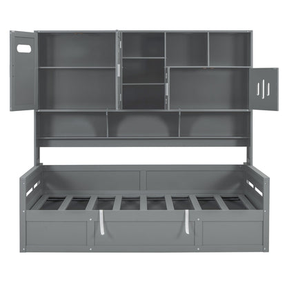 Twin Size Wooden Daybed With Hydraulic Bed And All In One Cabinet And Shelf - Gray