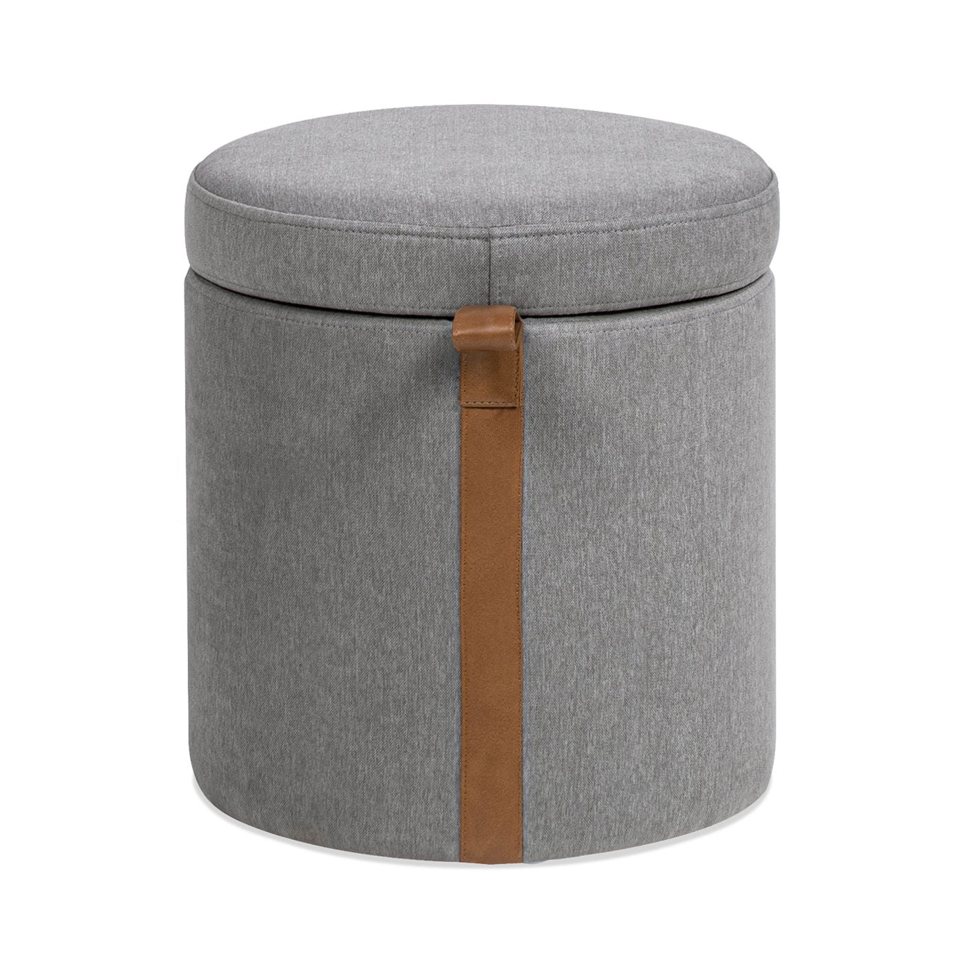 Brandy - Round Upholstered Storage Ottoman With Leather Accent - Gray