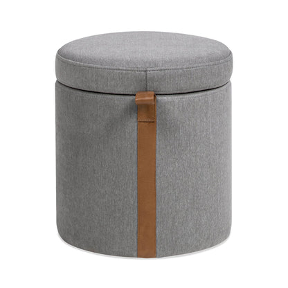 Brandy - Round Upholstered Storage Ottoman With Leather Accent - Gray