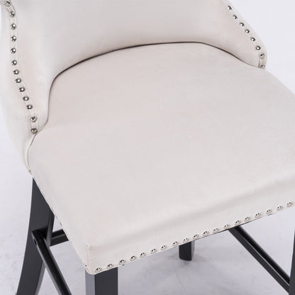 Contemporary Velvet Upholstered Wing-Back Barstools With Button Tufted Decoration And Wooden Legs, And Chrome Nailhead Trim, Leisure Style Bar Chairs, Bar Stools (Set of 4) - Beige