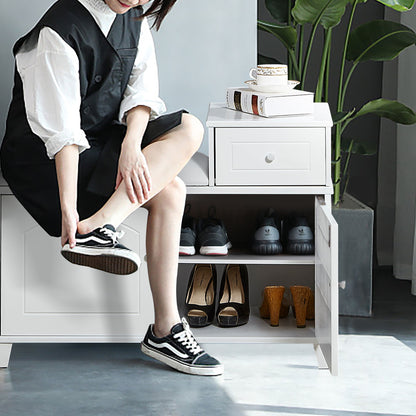 Shoe Storage Bench Cabinet With Fireproof Cushion, Double Doors And Movable Drawer For Door Entrance - White