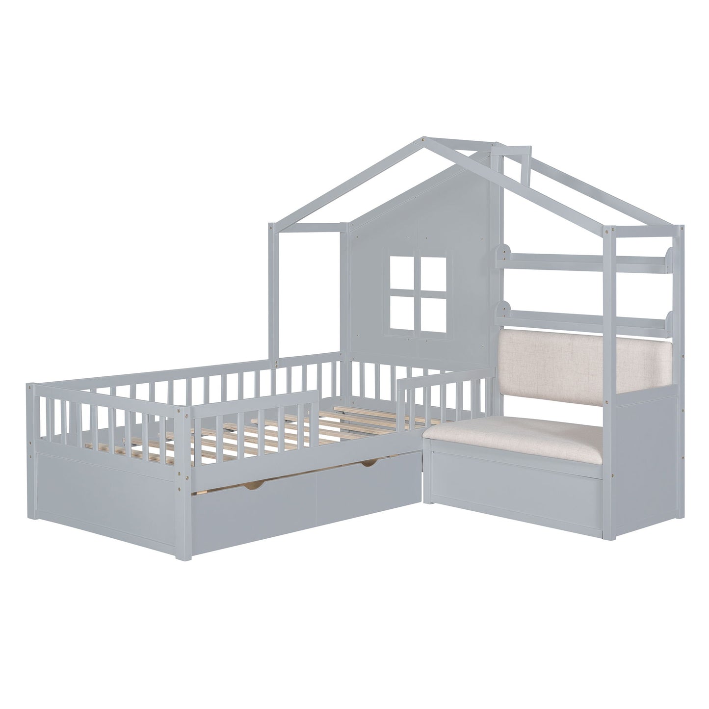 Twin Size House Bed With Sofa, Kids Platform Bed With 2 Drawers And Storage Shelf - Gray