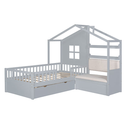 Twin Size House Bed With Sofa, Kids Platform Bed With 2 Drawers And Storage Shelf - Gray