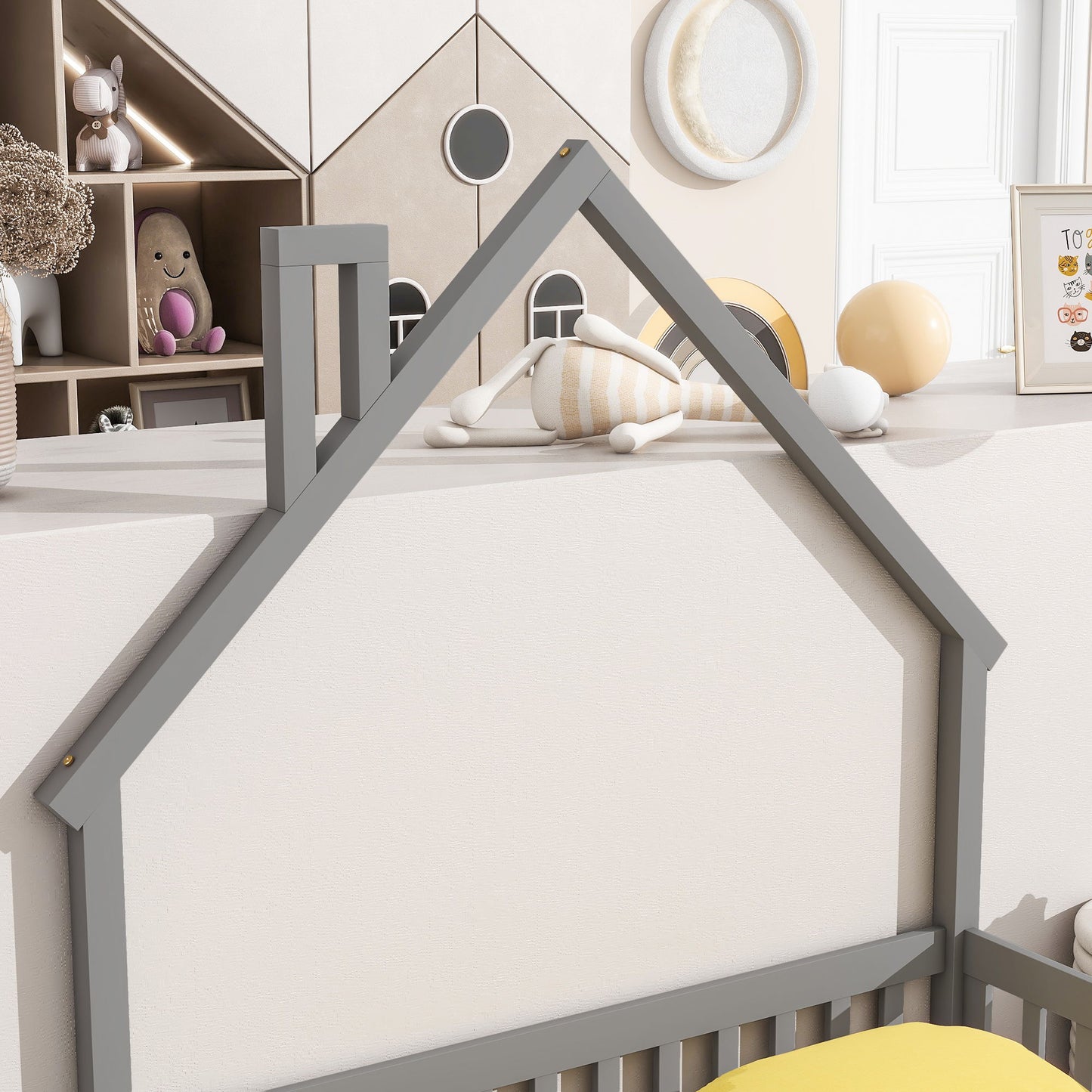 Full House-Shaped Headboard Floor Bed With Fence - Gray