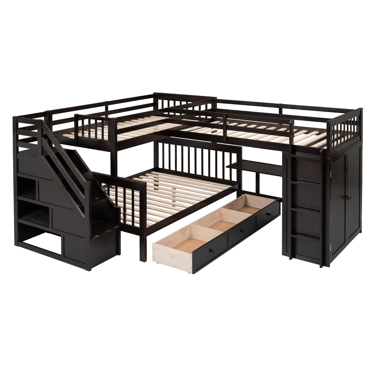 Twin Twin Over Full L Shaped Bunk Bed With 3 Drawers, Portable Desk And Wardrobe - Espresso