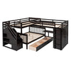 Twin Twin Over Full L Shaped Bunk Bed With 3 Drawers, Portable Desk And Wardrobe - Espresso