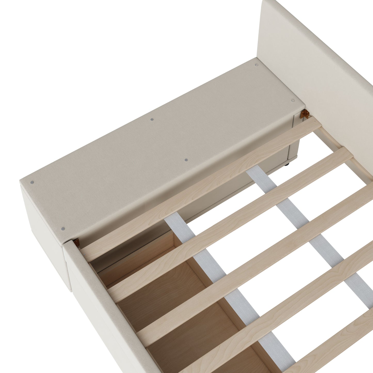 Twin L Shaped Upholstered Platform Bed With Storage And Drawers - Beige