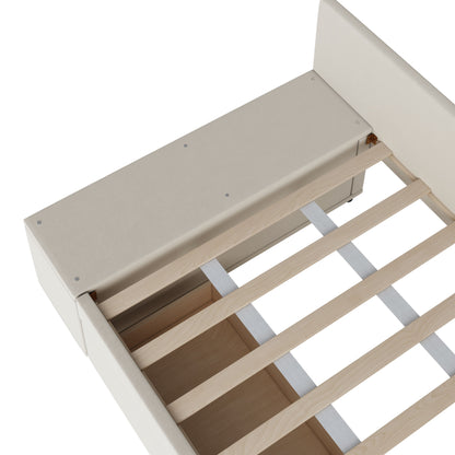 Twin L Shaped Upholstered Platform Bed With Storage And Drawers - Beige