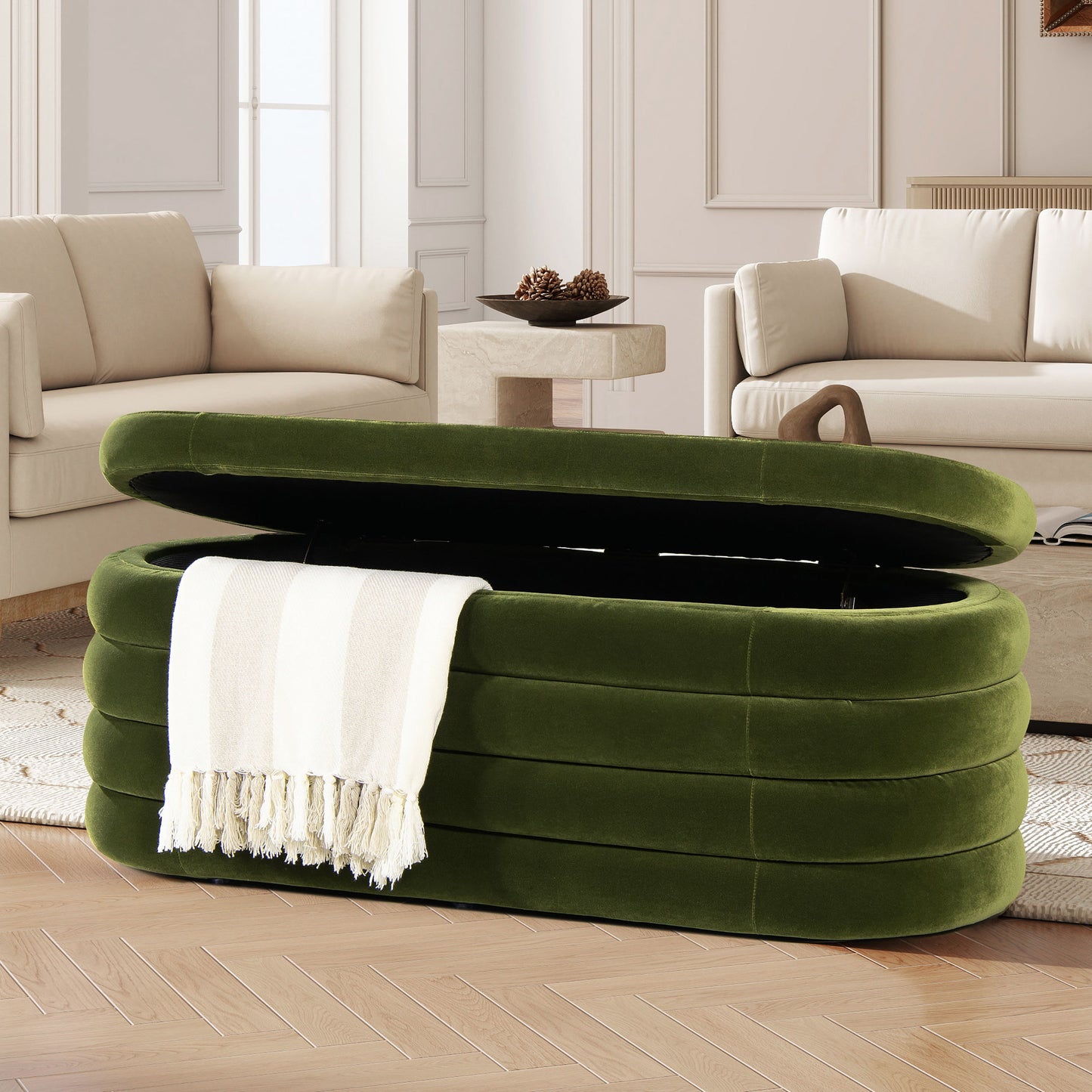 Fuji - Upholstered Oval Storage Bench - Olive Green