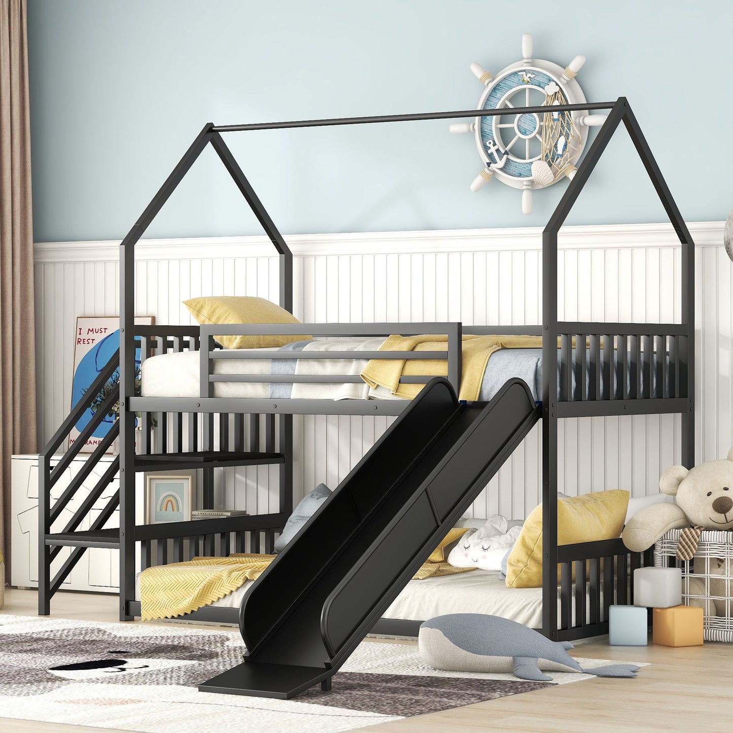 Twin Size Metal Bunk Bed House Bed With Slide And Staircase - Black