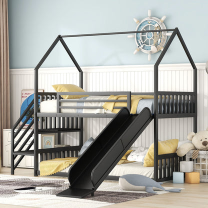 Twin Size Metal Bunk Bed House Bed With Slide And Staircase - Black