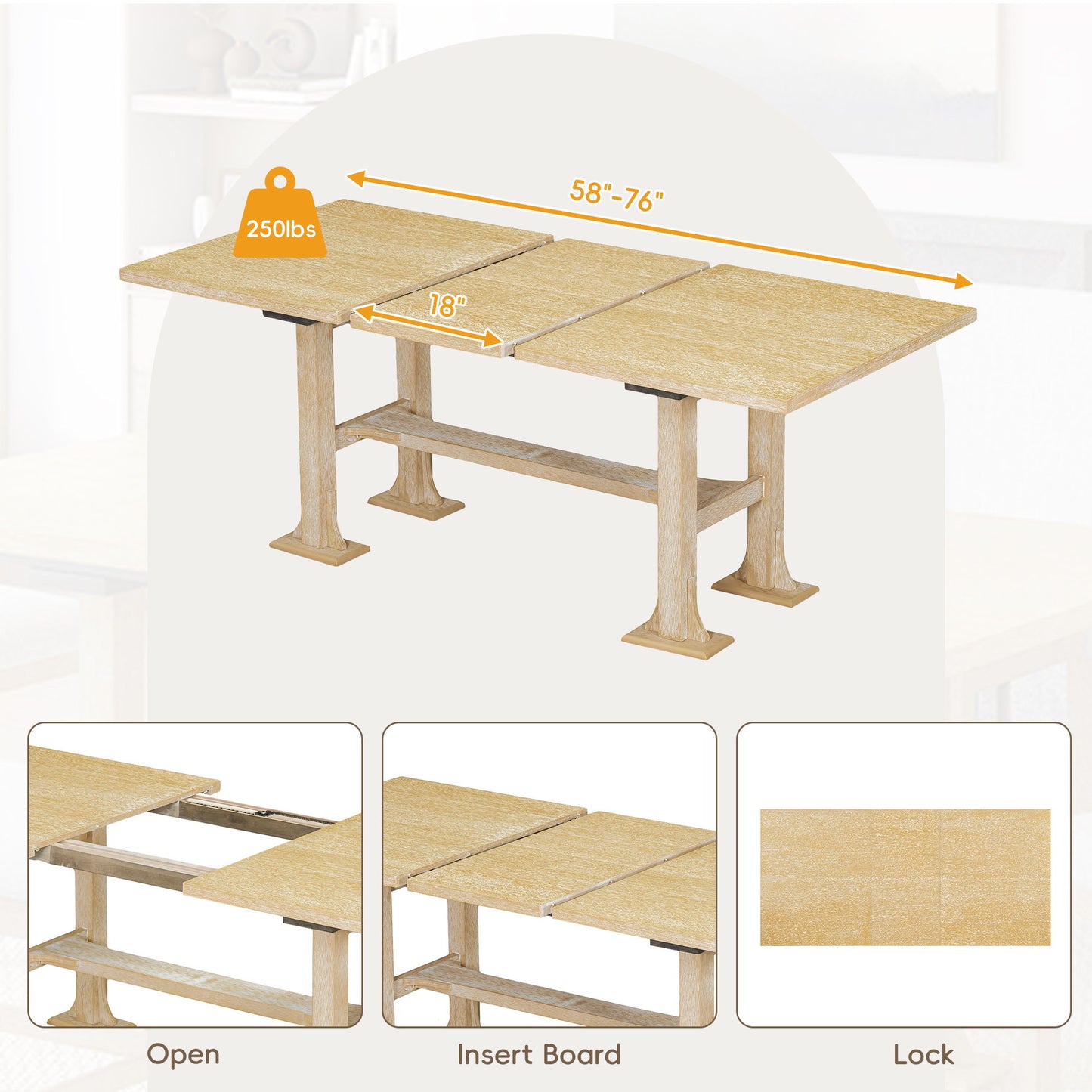 Topmax - 6 Piece Farmhouse Extendable Dining Table Set Trestle Kitchen Table Set With Removable Leaf And Upholstered Dining Chair And Bench For Dining Room - Natural