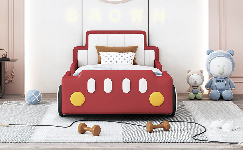 Twin Size Race Car Shaped Platform Bed & Wheels - Red
