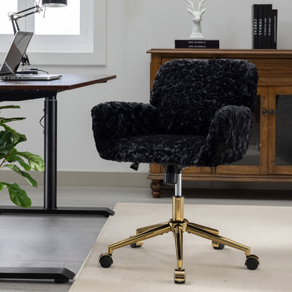 Office Chair, Artificial Rabbit Hair Home Office Chair With Golden Metal Base, Adjustable Desk Chair Swivel Office Chair, Vanity Chair - Black