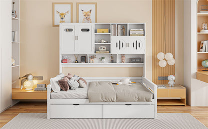 Full Size Daybed With 2 Drawers And All In One Cabinet And Shelf - White