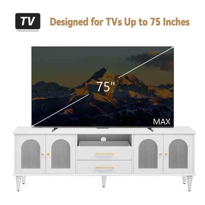 Retro TV Stand For TVs Up To 75", Entertainment Center Media Console With Fluted Glass Doors And 5 Solid Wood Legs For Living Room - White