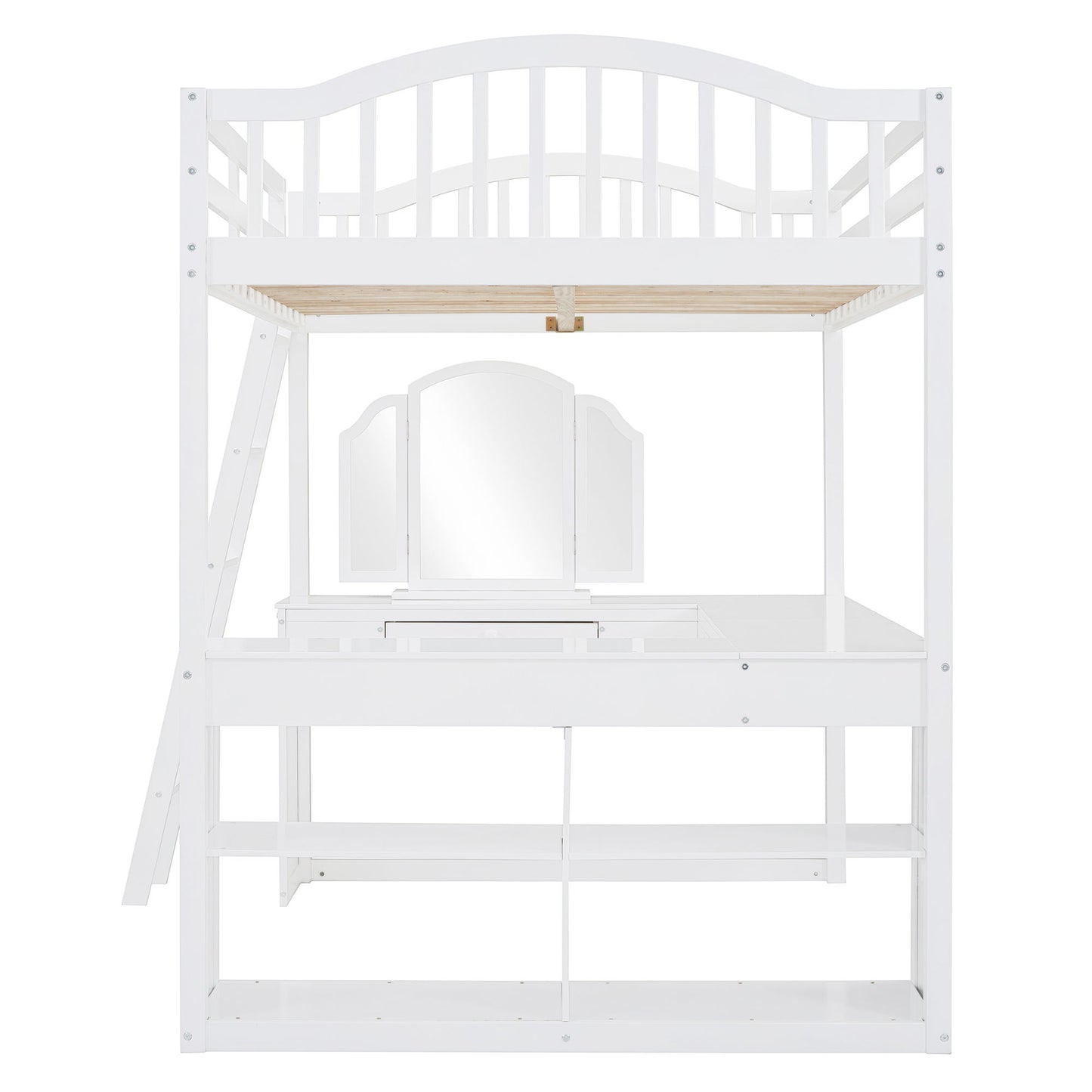 Full Loft Bed With U Shaped Desk, Storage Compartments And Tri Fold Mirror - White