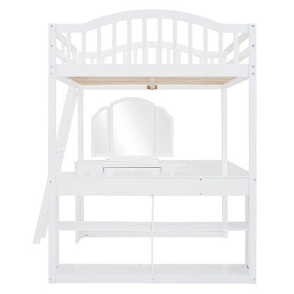 Full Loft Bed With U Shaped Desk, Storage Compartments And Tri Fold Mirror - White