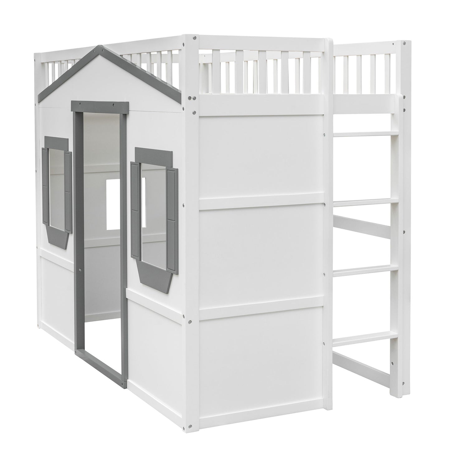 Twin Size House Loft Bed With Ladder - White / Gray