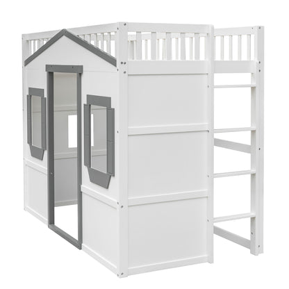 Twin Size House Loft Bed With Ladder - White / Gray