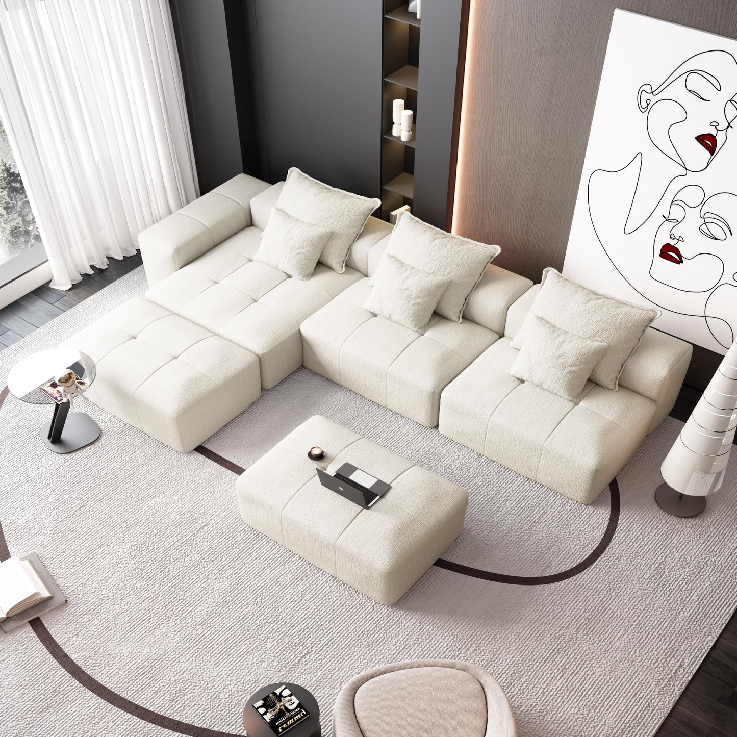 Modern Oversized Modular Sectional Sofa, Sparkling Chenille Fabric Soft Cushion Sofa With 6 Pillows, 6 Pieces Diy Combination Tufted Sofa, No Assembly Required - Beige