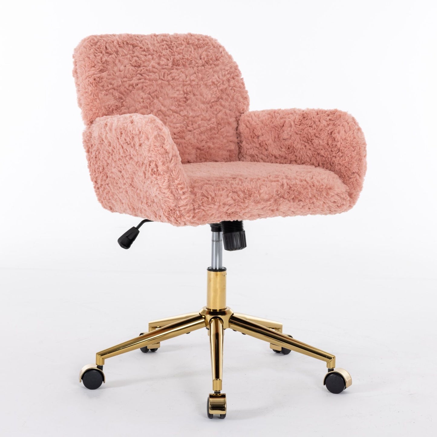 Office Chair, Artificial Rabbit Hair Home Office Chair With Golden Metal Base, Adjustable Desk Chair Swivel Office Chair, Vanity Chair - Pink