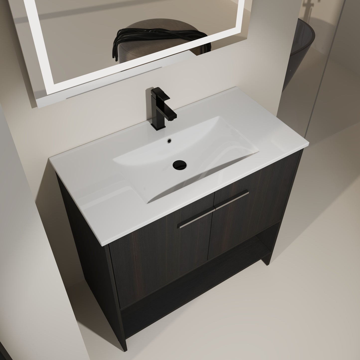 Modern 36" Bathroom Vanity With Ceramic Sink And Soft Closing Doors - Dark Oak