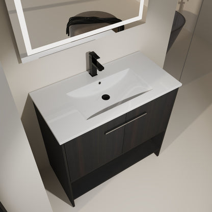 Modern 36" Bathroom Vanity With Ceramic Sink And Soft Closing Doors - Dark Oak