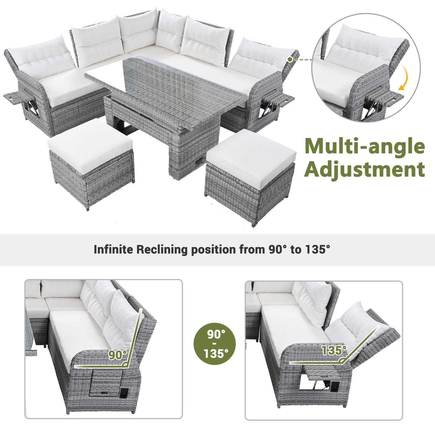 Outdoor Furniture Set Patio Rattan Furniture Set With An Adjustable Table, Recliners With Extendable Side Tables, And 2 Ottomans For Patio, Lawn, Backyard, Pool - Beige