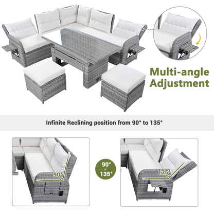 Outdoor Furniture Set Patio Rattan Furniture Set With An Adjustable Table, Recliners With Extendable Side Tables, And 2 Ottomans For Patio, Lawn, Backyard, Pool - Beige