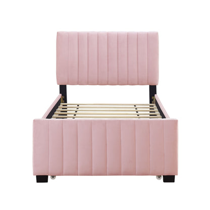 Twin Size Upholstered Platform Bed With Twin Size Trundle - Pink