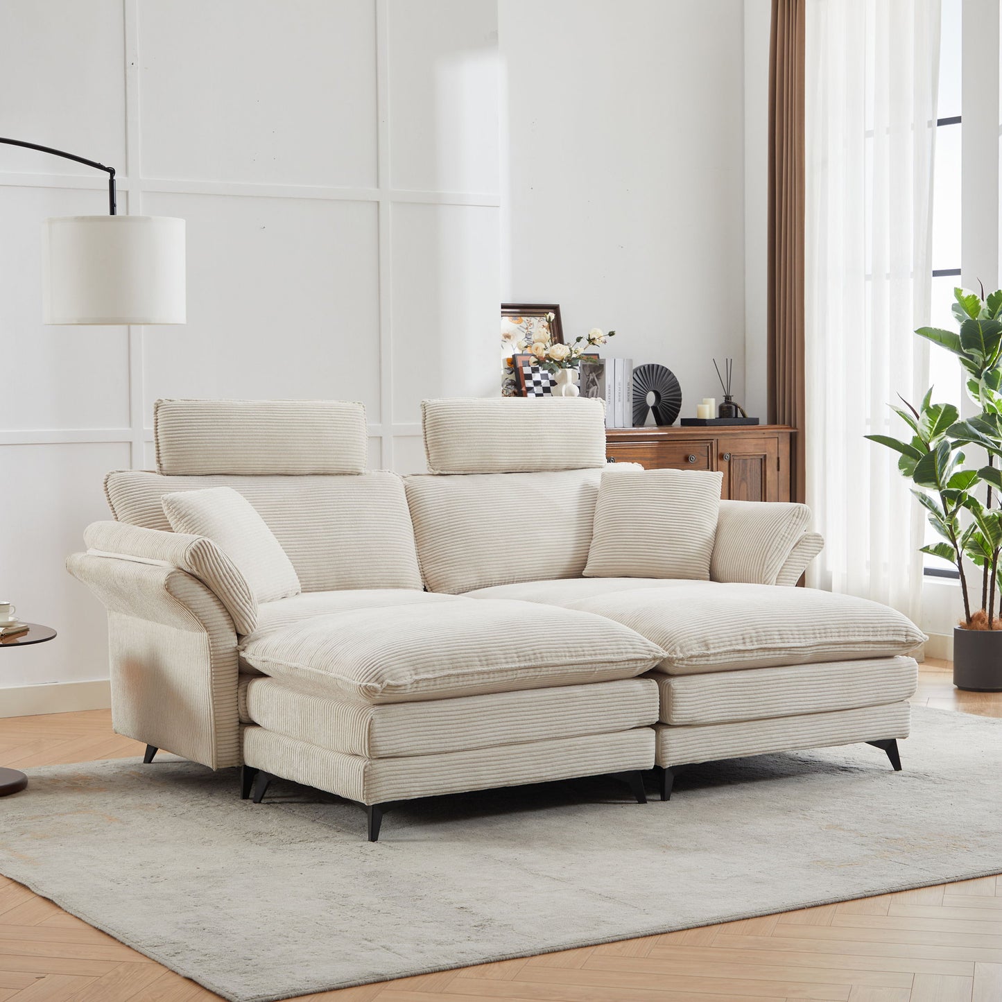 Modern Corduroy, Loveseat Sofa, Deep Seat Sectional Sofa With Ottomans Comfortable Cloud Sofa For Living Room, Apartment, Office, Couch - Beige