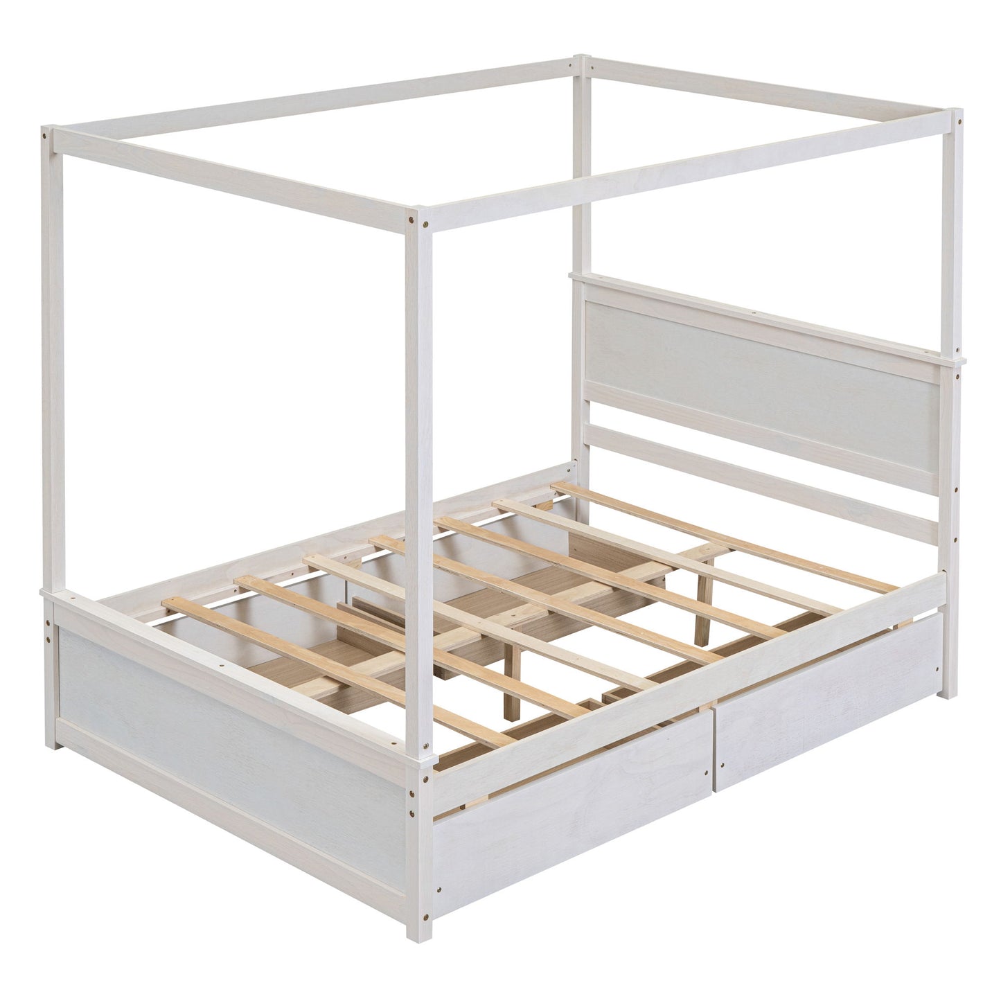Full Size Canopy Platform Bed With 4 Drawers And Support Slats, No Box Spring Needed - Brushed White