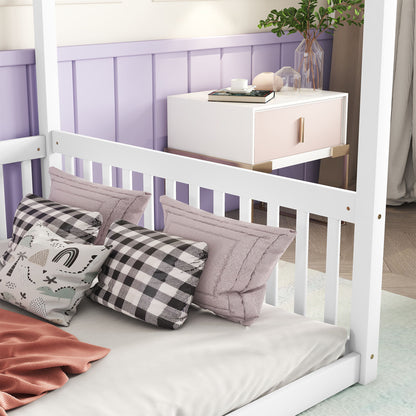 Full Size Canopy Frame Floor Bed With Fence, Guardrails - White