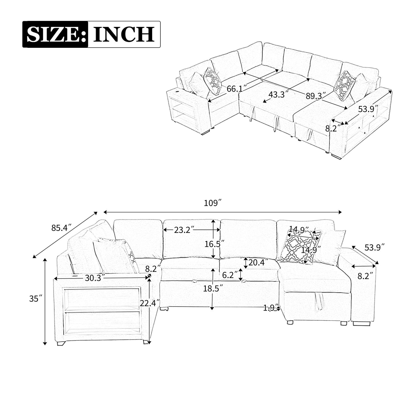 U-Shaped Sectional Sofa Pull-Out Sofa Bed With Two USB Ports, A Storage Chaise Lounge And Four Back Pillows For Living Room - Beige