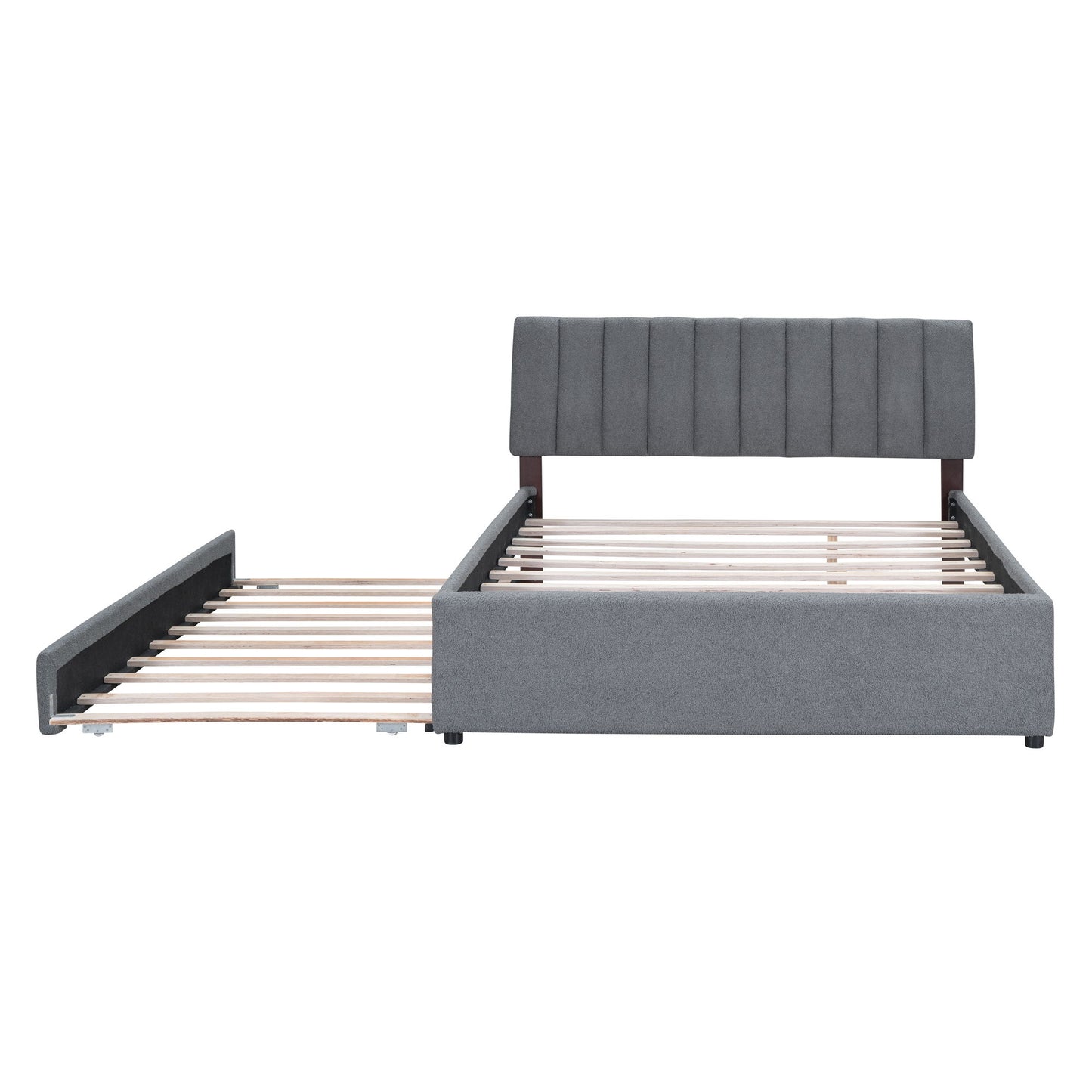 Queen Size Upholstered Platform Bed With Twin Long Trundle - Gray