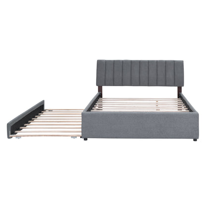 Queen Size Upholstered Platform Bed With Twin Long Trundle - Gray