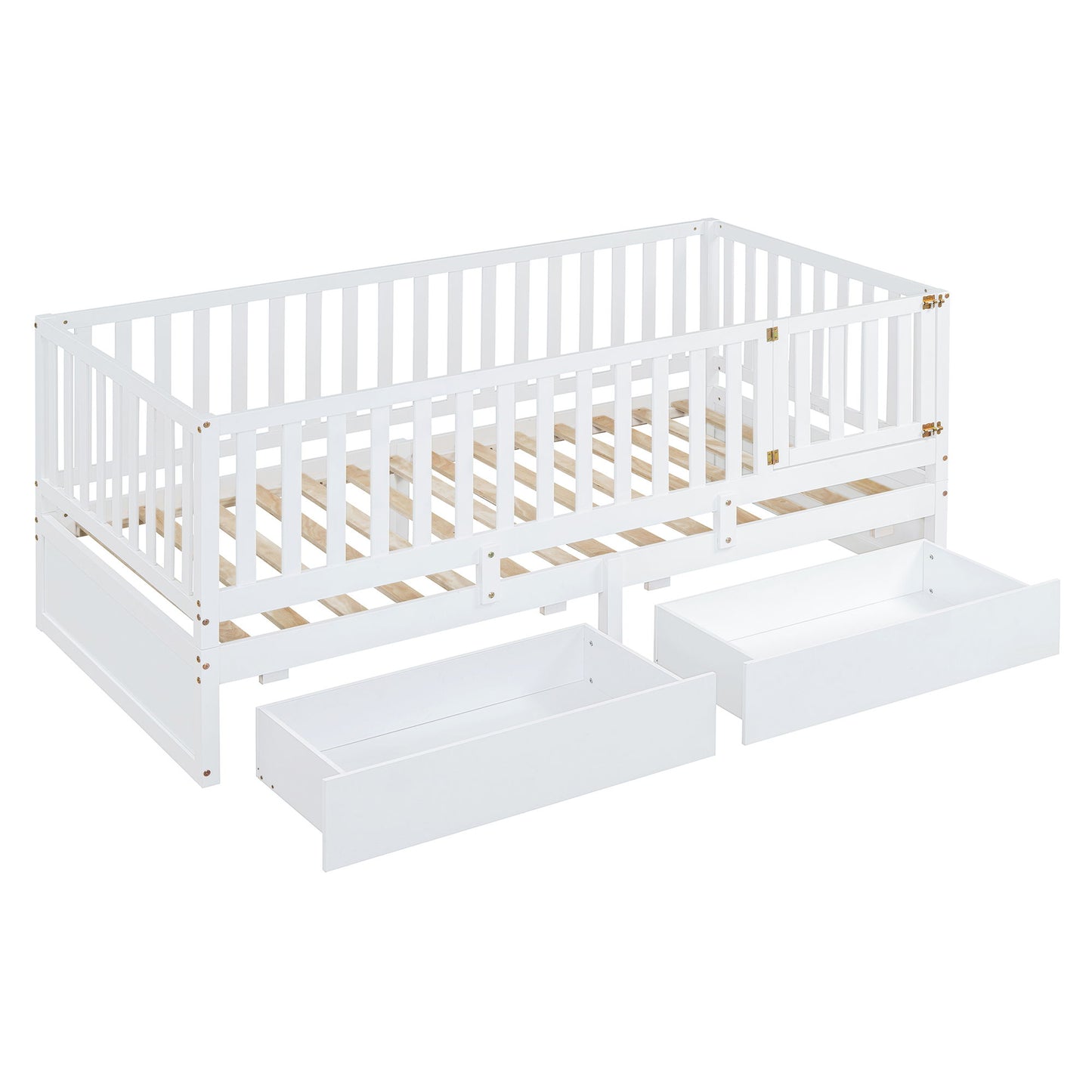 Twin Size Daybed With Fence Guardrails And 2 Drawers, Split Into Independent Floor Bed & Daybed - White