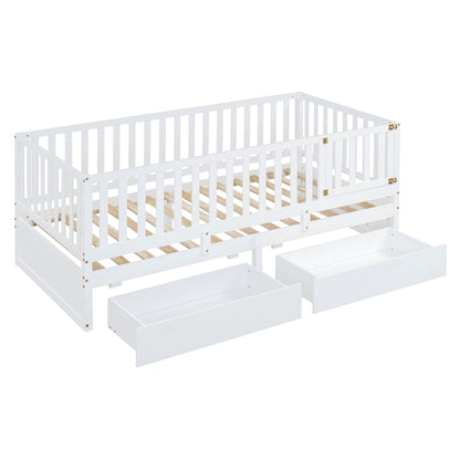 Twin Size Daybed With Fence Guardrails And 2 Drawers, Split Into Independent Floor Bed & Daybed - White