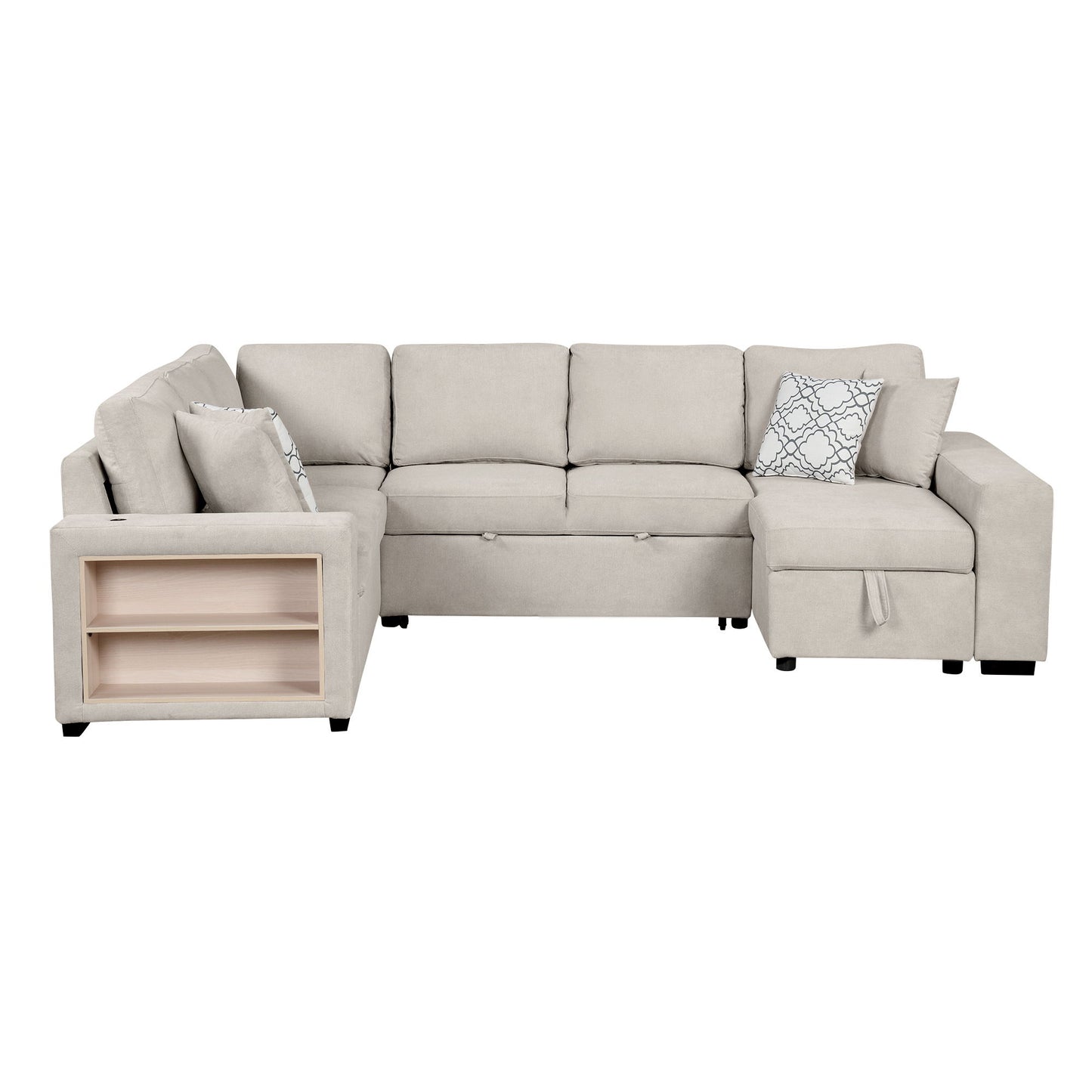 U-Shaped Sectional Sofa Pull-Out Sofa Bed With Two USB Ports, A Storage Chaise Lounge And Four Back Pillows For Living Room - Beige